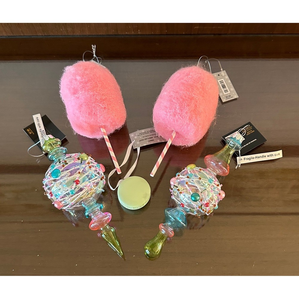 Set of 5 Candy Christmas Ornaments Pink Cotton Candy & Beaded Glass Finials NWT